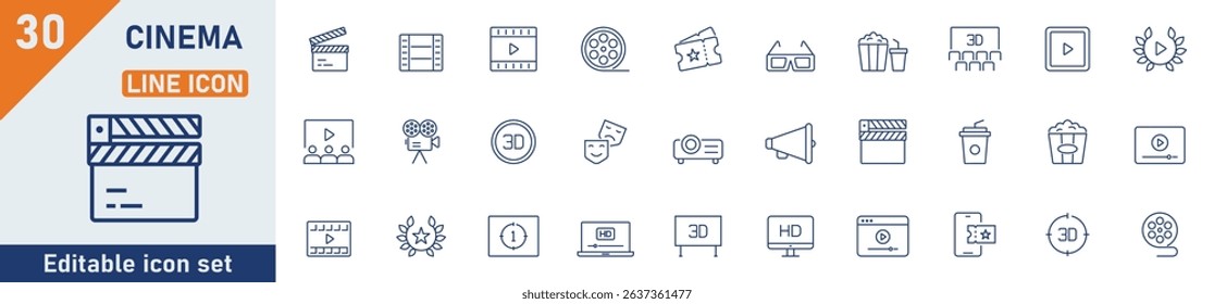 Cinema line icon set. Set of 30 outline icons related to cinema, movie theater, film, ticket, 3d, video, camera, film reel, show and others. Editable stroke. Vector illustration.