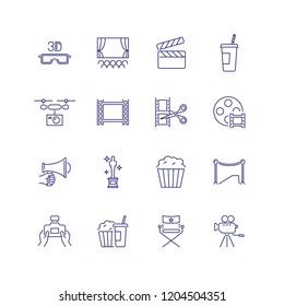 Cinema line icon set. 3D glasses, popcorn, clapper board. Movie production concept. Can be used for topics like moviemaking, film industry, entertainment