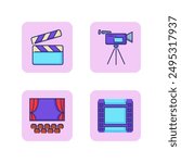 Cinema line icon set. Clapboard, filmstrip, camera, cinema hall. Movie, entertainment concept. Vector illustrations can be used for topics like filming, movie production