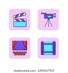 Conjunto de iconos de línea de cine. Tablero, tira de película, cámara, sala de cine. Concepto de cine, entretenimiento. Las Ilustraciones vectoriales se pueden utilizar para temas como la filmación, la producción de películas