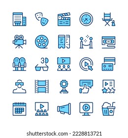 Cinema line icons. Blue color. Vector line icons set