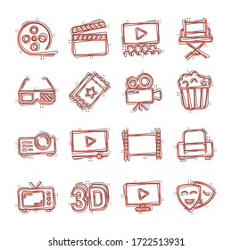 Cinema line icons in comic style. Entertainment set cartoon vector illustration on white isolated background. Movie media splash effect business concept.