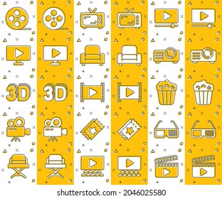 Cinema line icons in comic style. Entertainment set cartoon vector illustration on white isolated background. Movie media splash effect business concept.
