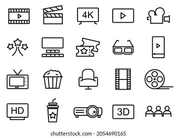 cinema line icons set. contains such as Movie Theater, Television, Popcorn, Video Clip, camera and more. vector illustration. on white background