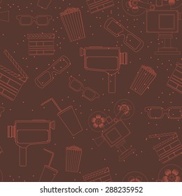 Cinema line seamless  brown pattern. Background with movie objects including  old video camera, old projector, clapper, 3d glasses; popcorn and drink 
