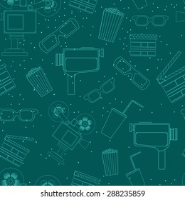 Cinema line seamless green pattern. Background with movie objects including  old video camera, old projector, clapper, 3d glasses; popcorn and drink 