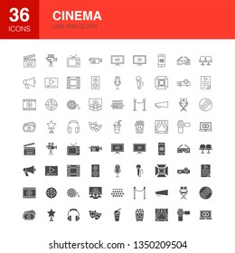 Cinema Line Web Glyph Icons. Vector Illustration of Film Outline and Solid Symbols. 