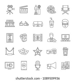 Cinema linear icons set. Movie theater. Equipment, service, awards. Thin line contour symbols. Isolated vector outline illustrations. Editable stroke - Shutterstock ID 1089509936