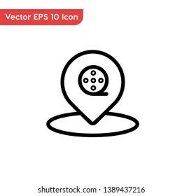Cinema location, pin stroke vector icon