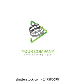 cinema logo design element on white background with filmstrip shap and play icon