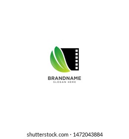 Cinema logo design with leaf vector, movie symbol icon