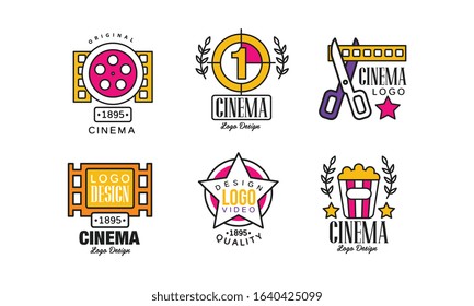 Cinema Logo Design Templates Collection, Bright Original Vintage Cinematography Badges Vector Illustration