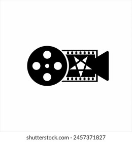 Cinema logo design with a unique concept. Illustration of a video camera with film roll, pentagram and film negative..