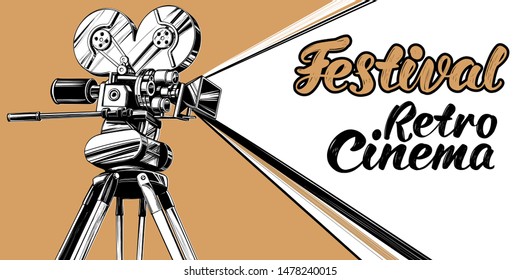 cinema logo festival, vintage old movie camera, , calligraphic text hand drawn vector illustration realistic sketch
