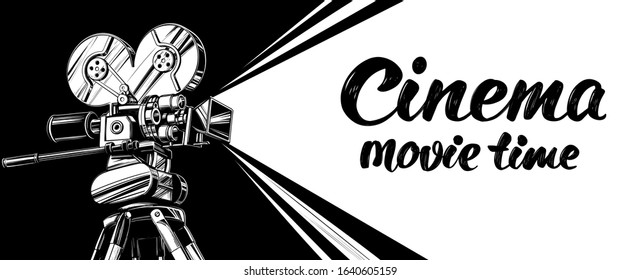 cinema logo festival, vintage old movie camera, , calligraphic text hand drawn vector illustration realistic sketch