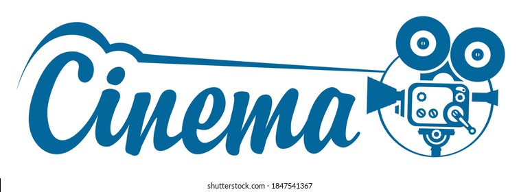 Cinema logo with old-fashioned movie camera and inscription isolated on a light background. Vector illustration or icon, suitable for flyer, invitation, banner, poster, web page, label, design element