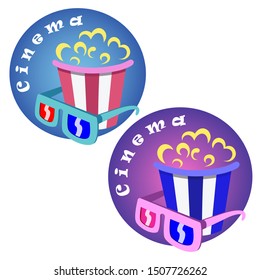 Cinema logo set in blue and violet colors. Vector icons with 3-d glasses and pop-corn. 