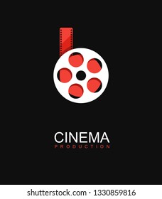 Cinema logo vector logo template. Stylized movies reel with red filmstrip on black background. Entertainment logotype concept