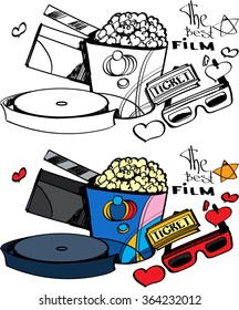 Cinema, love, popcorn and ticket