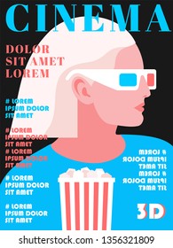 Cinema magazine cover design, 3d movie concept. Female character wearing 3d glasses. Vector illustration