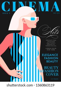 Cinema magazine cover design, 3d movie concept. Female character wearing 3d glasses. Vector illustration