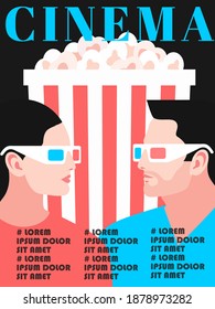 Cinema magazine cover design, 3d movie concept. Man and woman, wearing 3d glasses, with popcorn box. Vector illustration