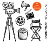 Cinema and making films hand drawn vintage set with clapper reel camera chair loudspeaker and popcorn isolated on white background sketch vector illustration