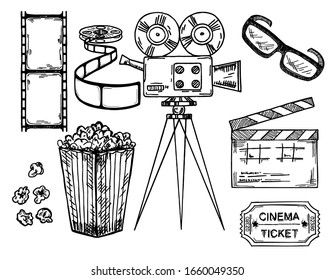 Cinema and making films hand drawn set with clapper reel camera, movie ticket and popcorn isolated on white background sketch vintage vector illustration