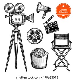 Cinema and making films hand drawn vintage set with clapper reel camera chair loudspeaker and popcorn isolated on white background sketch vector illustration