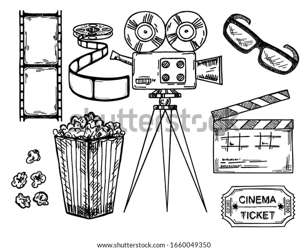 白い背景に映画や映画の手描きのセット クリールカメラ 映画チケット ポップコーンを使用したビンテージベクターイラスト のベクター画像素材 ロイヤリティ フリー