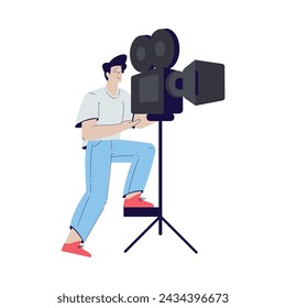 Cinema with Man Character Stand with Camera Engaged in Movie Shooting Vector Illustration