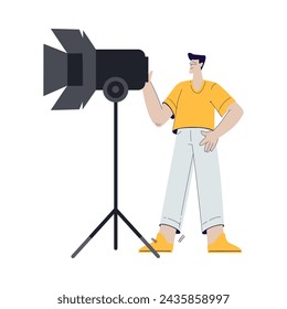Cinema with Man Character Stand with Light Equipment Engaged in Movie Shooting Vector Illustration