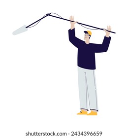 Cinema with Man Character Stand with Microphone Engaged in Movie Shooting Vector Illustration