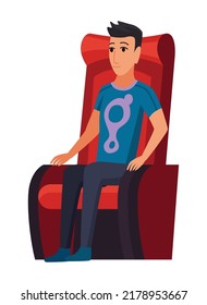 Cinema. Man sitting in chair at movie theater auditorium. Young male watching film or motion picture. Viewer or moviegoer. Flat cartoon vector illustration