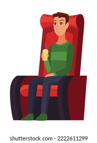 Cinema. Man sitting in chair at movie theater auditorium. Young male watching film or motion picture. Viewer or moviegoer. Flat cartoon vector illustration