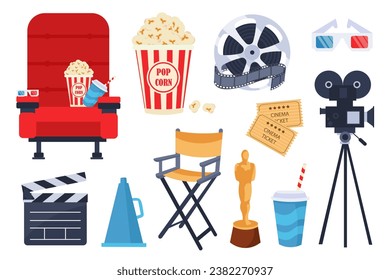 Cinema mega set in flat cartoon design. Bundle elements of red chair, popcorn cup, 3d glasses, reel with movie tape, video camera, clapperboard and other. Vector illustration isolated graphic objects