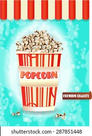 Cinema menu, poster, background, flyer, offer with bucklet of popcorn, text Premium Quality, retro design, grunge, striped awning, blue background with lights
