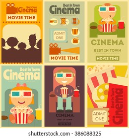 Cinema Mini Posters Set. Movie Collection Placards in Retro Style. People Watch Movies. Vector Illustration.