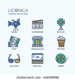 Cinema - modern vector flat line design icons set. Camera, clapperboard, spotlight, ticket, building, pop corn, 3d glasses, movie hall, bobbin. Film your masterpiece and show it to the world.