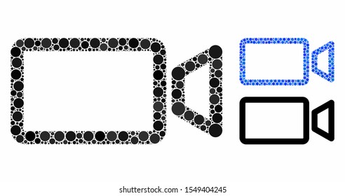 Cinema mosaic of filled circles in different sizes and color hues, based on cinema icon. Vector filled circles are grouped into blue composition. Dotted cinema icon in usual and blue versions.