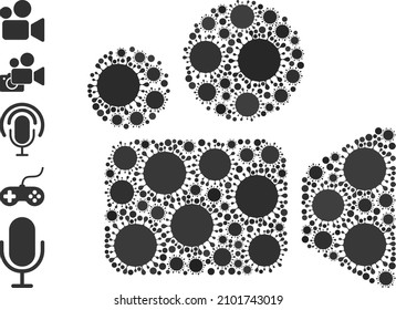 Cinema mosaic icon. Vector mosaic is formed from scattered viral icons. Contagious mosaic cinema icon and more icons. Cinema mosaic for breakout images.