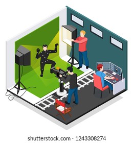 Cinema motion capture isometric composition with actor videographer illuminator and graphic designer during work vector illustration