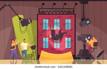 Cinema Motion Movie Filming Process Cartoon Composition With Shooting Stunt Performer Falling From Building Roof Vector Illustration 