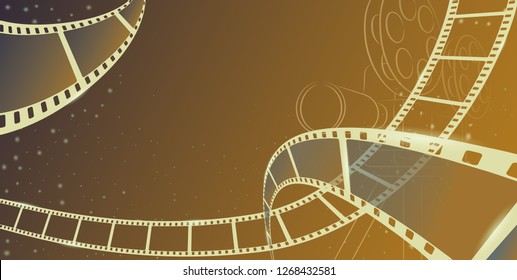 Cinema motion picture with different film reel in 3d isometric style movie camera with film spotlight. Design element template for Sale cinema theatre tickets, movie time and entertainment concept.