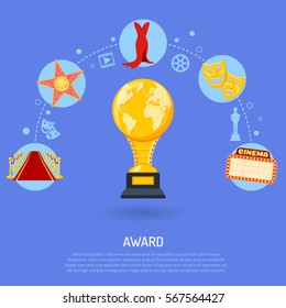 Cinema and Movie Award concept with flat icons trophy, red carpet, theater masks, star isolated vector illustration