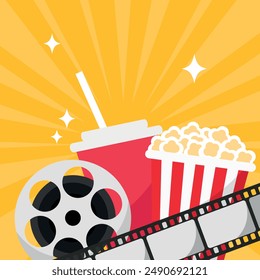 Cinema movie background. Popcorn bucket, cold drink soda with straw, film reel and film strip. Movie film premiere template