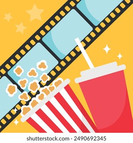 Cinema movie background. Popcorn bucket, cold drink soda with straw, film strip. Movie film premiere template