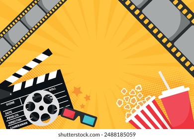 Cinema movie banner with pop art style elements. Popcorn bucket, cold drink soda with straw, clapper board, film reel and 3d glasses. Movie film premiere template