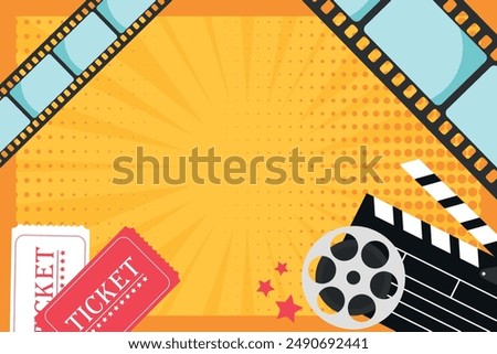 Cinema movie banner with pop art style elements. Clapper board, film reel, tickets and film strip. Movie film premiere template