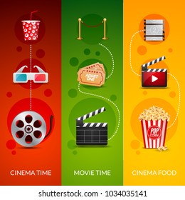 Cinema movie banner poster design template. Film clapper, 3D glasses, popcorn. Cinema banner set layout.